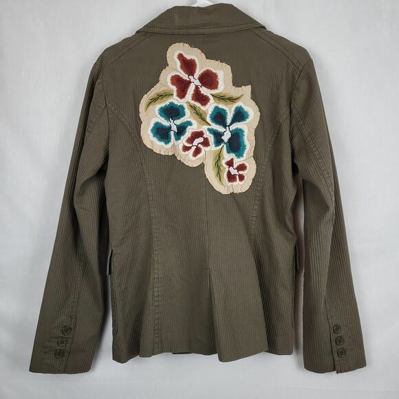 Aziz Womens Olive Cotton Embroidered‎ Flap Pockets One Button Blazer Jacket Sz L - Picture 2 of 12